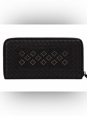 Bottega Veneta Zip Around Wallet Intrecciato Stud Detail Black Leather Long